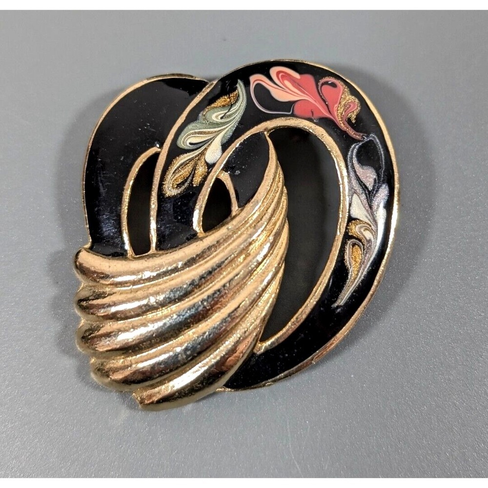 Vintage Retro Black Enamel Pink Green‎ Gold Tone Heart Swirl Brooch Pin